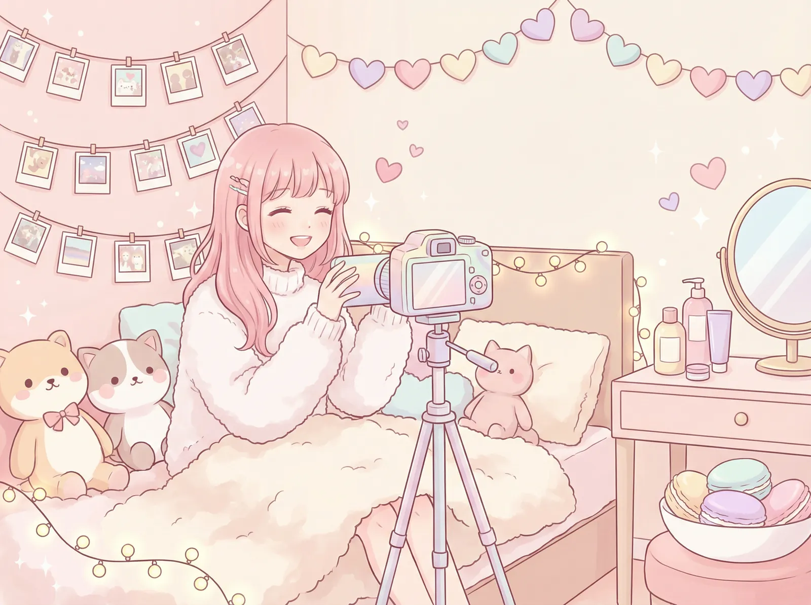 糖心vlog 少女Vlog - 粉色房间里拍摄Vlog的女孩